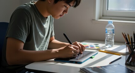 Young person concentrates while using a digital drawing pad and stylus at a sunlit desk