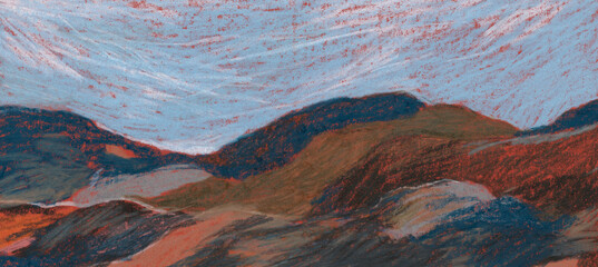 Hand painted landscape. Colored pencils and soft pastel on paper. Versatile artistic image for creative design projects: posters, banners, websites, cards, prints, wallpapers. Artist-made art.