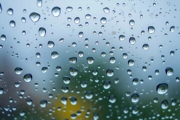 Close-up of raindrops on a glass window with blurred greenery and sky in the background, evoking a calm and reflective mood