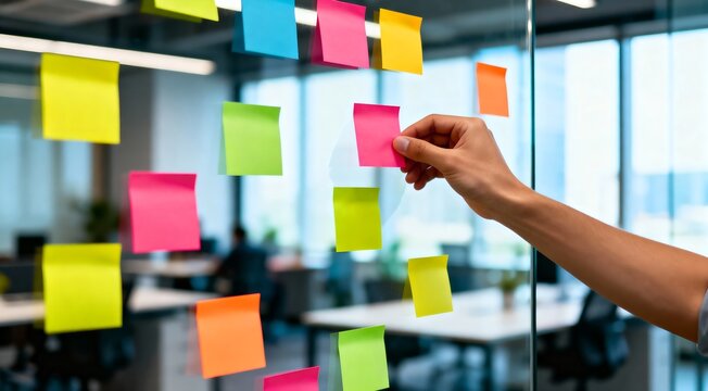 Hand placing a colorful sticky note on a glass wall in an office, symbolizing collaborative brainstorming, agile project planning, and creative idea generation for business