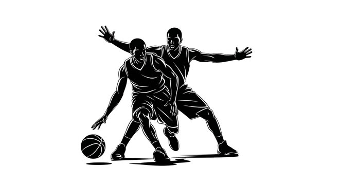 Two basketball players engaged in intense game competition, with one dribbling the ball and the other guarding