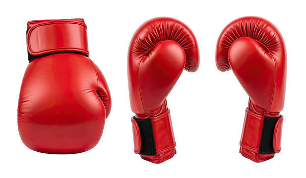 Three red boxing gloves shown from different angles, sports equipment packshot, isolated on transparent background. | Generative AI