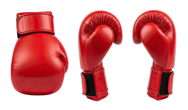 Three red boxing gloves shown from different angles, sports equipment packshot, isolated on transparent background. | Generative AI - Powered by Adobe