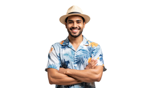 Smiling man in hawaiian shirt with arms crossed isolated on transparent background
