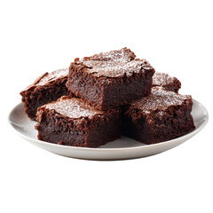 Baked chocolate brownies, powdered sugar, on a clean white plate