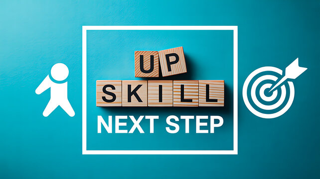 Upskilling and career development concept with wooden blocks showing upskill and next step on blue background
