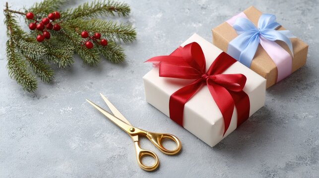 Elegant gift boxes with colorful ribbons and scissors on a textured gray background, perfect for holiday celebrations and special occasions