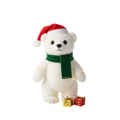 Polar bear toy in a Santa hat isolated on transparent or white background, png