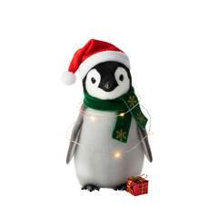Penguin in Santa hat near gift isolated on transparent or white background, png