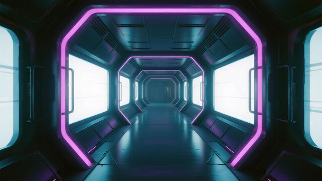 Futuristic corridor with neon lights