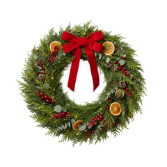 Christmas wreath with red bow and dried orange isolated on transparent or white background, png