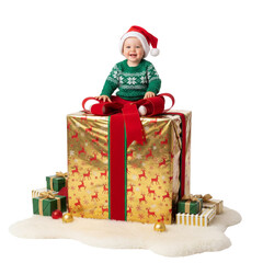 Child in Santa hat sitting on a large gift box isolated on transparent or white background, png