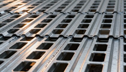 Cellular metal decking viewed from an angle emphasizing its hollow metal troughs designed to optimize loadbearing capacity in architectural applications.