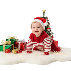 Child in Santa hat near Christmas tree and gifts on fluffy rug isolated on transparent or white background, png