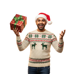Man in Santa hat holding a gift isolated on transparent or white background, png