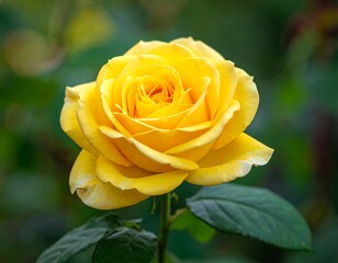 Close-up of a blooming yellow rose with soft petals and a blurred green background