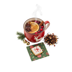 Mulled wine in a mug with a deer near gingerbread cookies isolated on transparent or white background, png