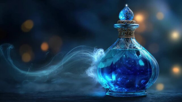 Blue Magic Potion with Ornate Gold Trim and Ethereal Smoke Accompanying a Glass Bottle filled with Deep Blue Liquid and Glittering Stars on Dark Backdrop with Bokeh Lights