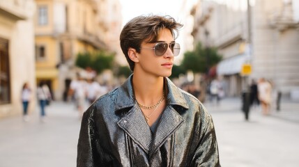Fototapeta premium Young man in stylish sunglasses and shiny jacket walking through a busy street in a vibrant urban setting during daylight, showcasing fashion and confidence
