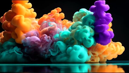 Vibrant colorful ink plumes merging, swirling in water on black background - Powered by Adobe