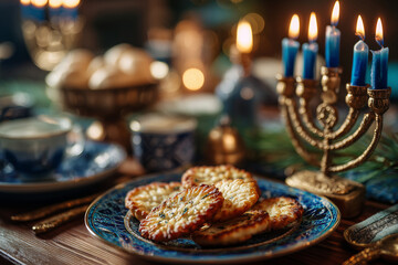 Traditional Hanukkah table with potato latkes, menorah candles, and blue tableware, lit warmly to create a cozy and festive family holiday atmosphere.
