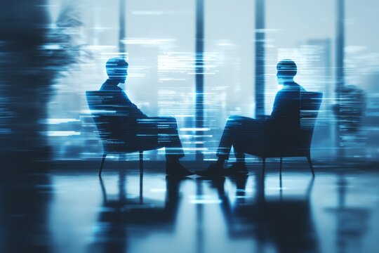 The journey to healing begins in a comfortable, thought-provoking space. Tech visualization. Guided therapy in an office flooded with gentle natural light. High-tech graphics. Tech panels.