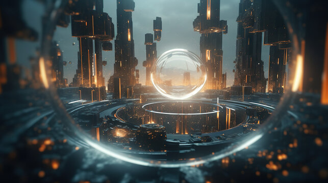 Exploding futuristic glass HUD interface with glowing orange core and shattered fragments in a dark sci-fi technology scene