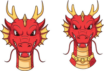 Red dragon head illustration with golden horns, mythical creature artwork, fantasy beast vector design, Chinese dragon mascot, powerful legendary symbol