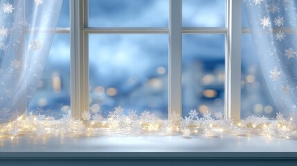 Naklejka premium Cozy Winter Window Scene with Soft Drapes, Flickering Lights, and Snowflake Accents on a Snowy Evening