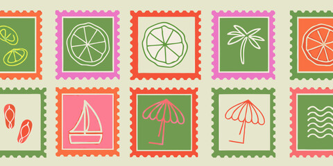 Collection of playful hand drawn summer vacation icons in postage stamp format