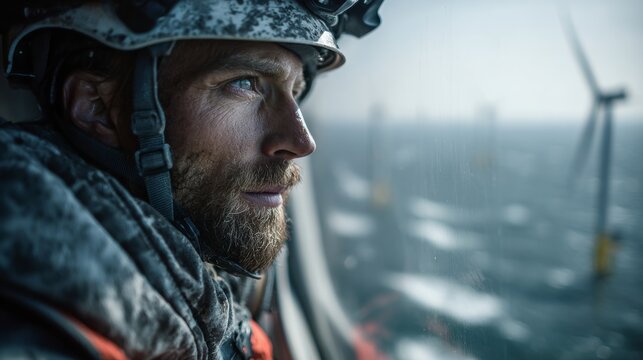 Renewable energy from ocean winds: a glimpse of innovative power. Everyday life. Turbine technicians in action: guardians of oceanic wind power. Human touch. Daily life.
