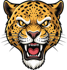 Fierce roaring leopard head illustration, wild animal face artwork, powerful jungle predator graphic design, wildlife mascot vector, aggressive expression logo