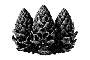 Majestic Trinity: Black White Portrait Nature's Artistry - Red Alder Cone Extremely Highly Detailed Depiction Three Snowcapped Pine Trees