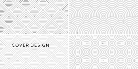 Collection of four minimalist geometric patterns in shades of gray and white for graphic design