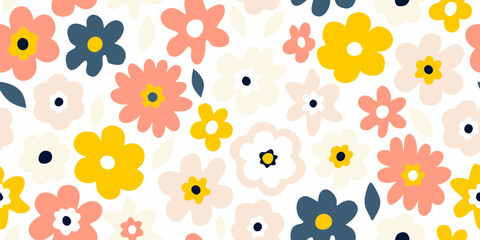 Seamless pattern of colorful abstract flowers and leaves on a white background