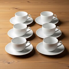 Elegant White Tea Cups and Saucers on Wooden Table.