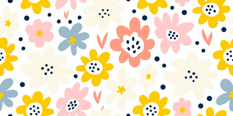 Seamless pattern of colorful abstract flowers and dots on a white background