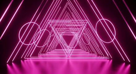 Abstract Neon Pink Triangle Tunnel with Circles.