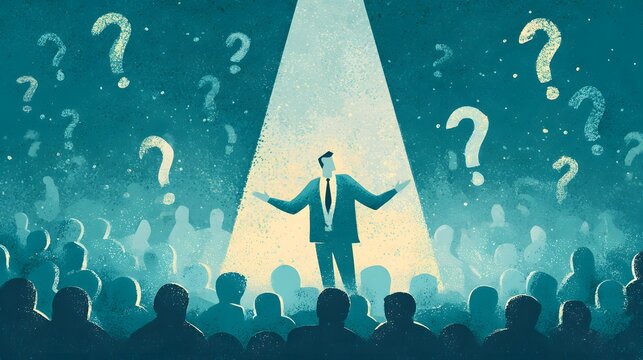 Businessman stands illuminated on stage addressing an audience surrounded by floating question marks