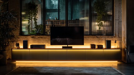 Modern luxury living room with beautifull sofa and couch with glass window and flower pot, and LED 