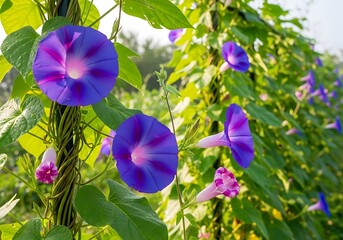 Morning Glory Flowers Blooming in Summer Garden.