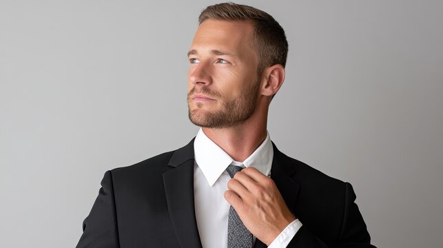 Confident young man in formal attire adjusting tie, portrait against neutral background, business attire style, professional appearance, modern elegance