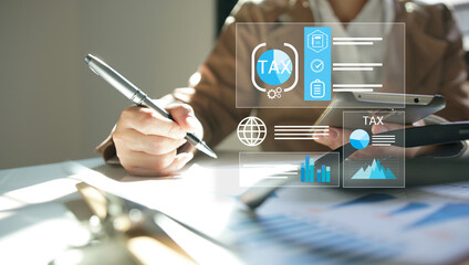 businessman organizing tax checklist through virtual interface. Tax planning services to maximize tax savings and optimize business finances
