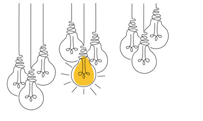 One continuous line drawing of hanging light bulbs with one shining. Concept of creative idea