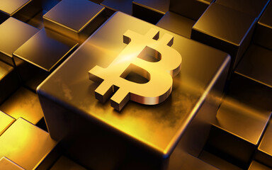 Golden Bitcoin Symbol on Metallic Cubes
