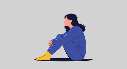 Pensive young woman sits alone, embracing her knees and gazing thoughtfully into the distance, conveying emotions of solitude, contemplation, and quiet reflection.