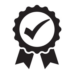 A black and white award ribbon icon featuring a prominent check mark (tick) inside a circular, scalloped badge. Symbolizes premium quality, success, warranty, certification, approval, and verification