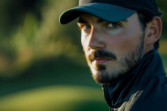 Focused male golfer wearing a cap with an intense expression on a bright summer day, professional golf player generative ai