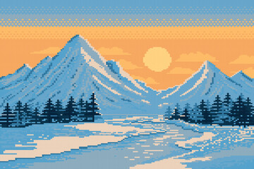 Mountain scene, river, pine trees with sunlight in winter, Pixel style.