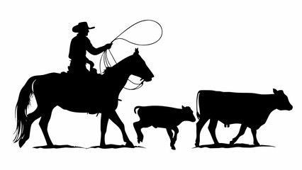 Classic cowboy silhouette riding horse herding cattle with lasso, evoking western heritage and rural lifestyle, perfect for branding and vintage designs